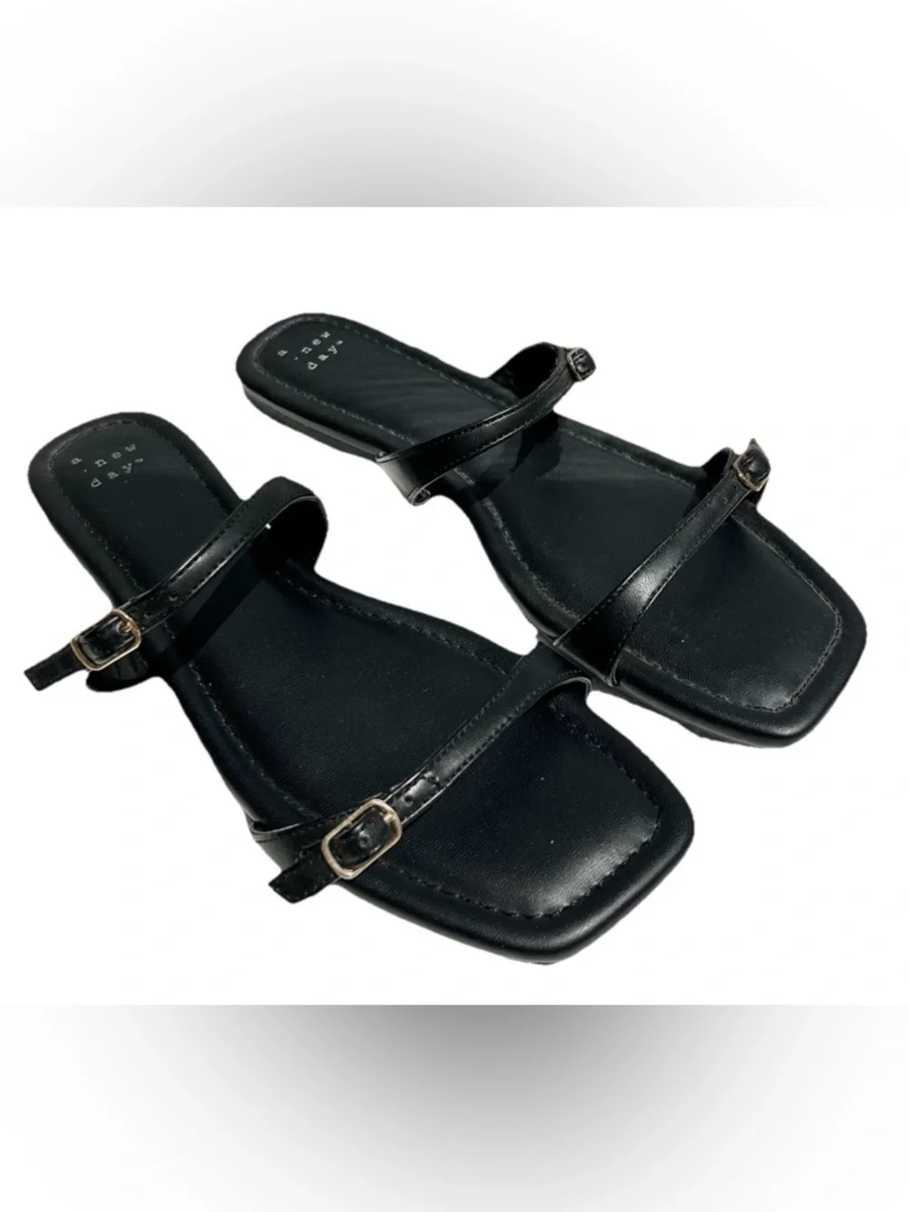 A New Day Black Buckle Square Toe Flat Sandals Size 8